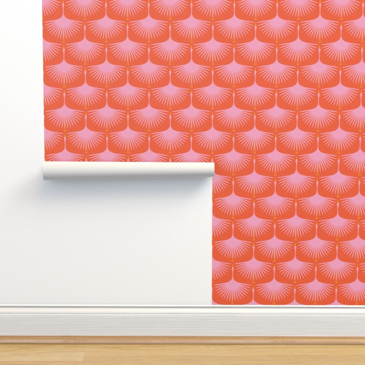 Mid Century Bright Pink Coral Retro Traditional Abstract Birds Feminine Flying Cranes Custom Pre-pasted Wallpaper by Spoonflower Pre-Pasted Wallpaper 2FT Wide